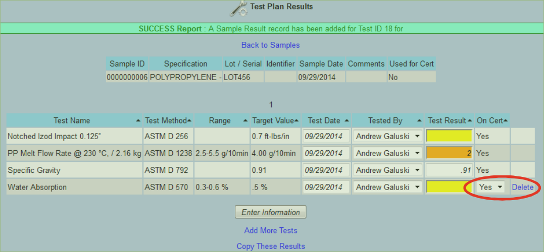 QA delete manually added test result