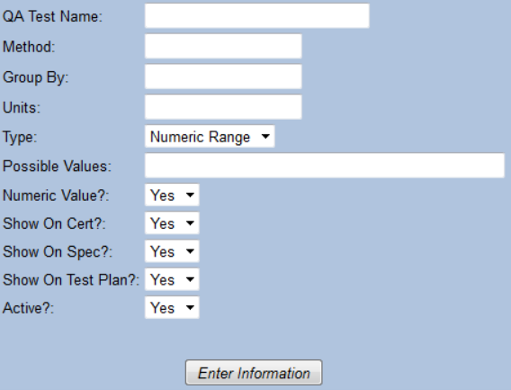 QA Tests Entry screen